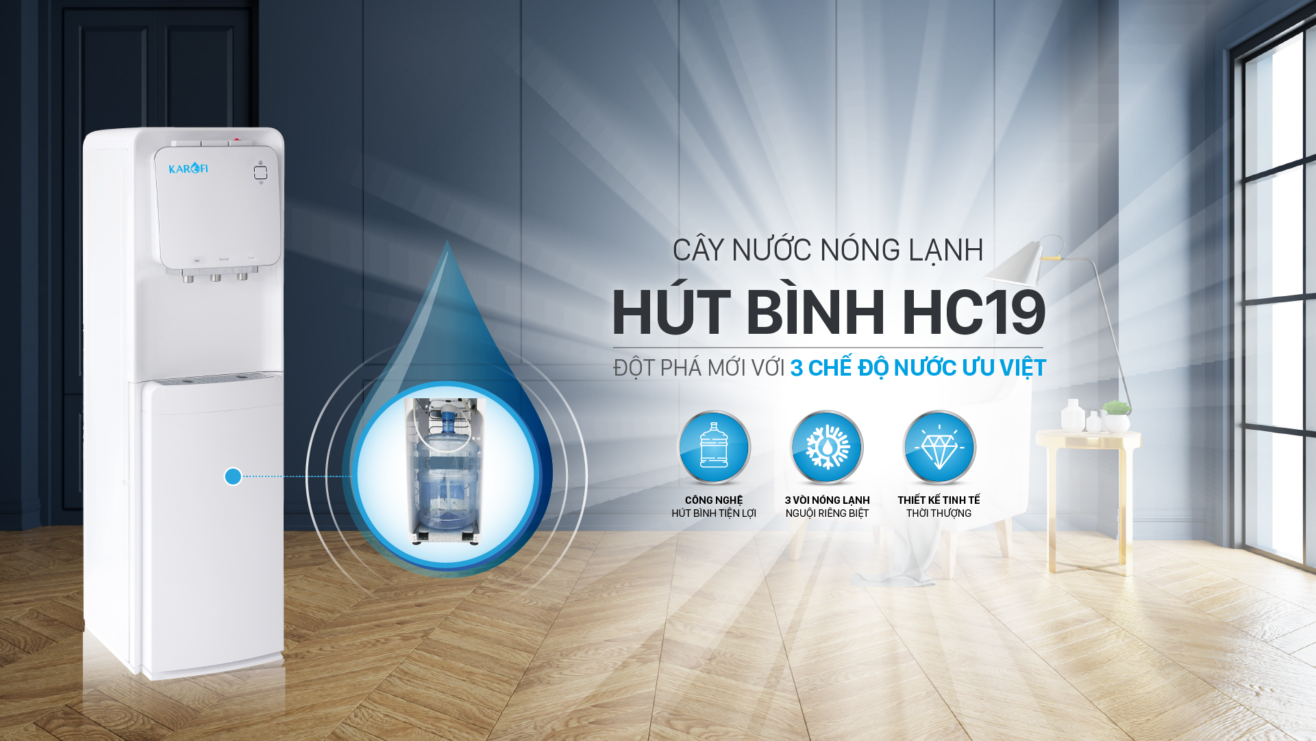 Cây nước nóng lạnh hút bình Karofi HC19